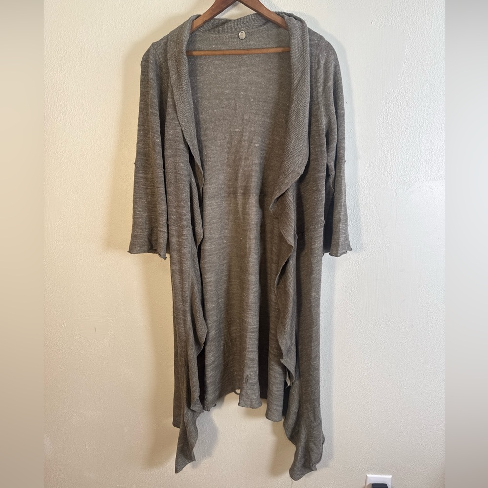 Margaret O'Leary Cardigan M Open Front Brown Sweater Flutter Short Sleeve Flax